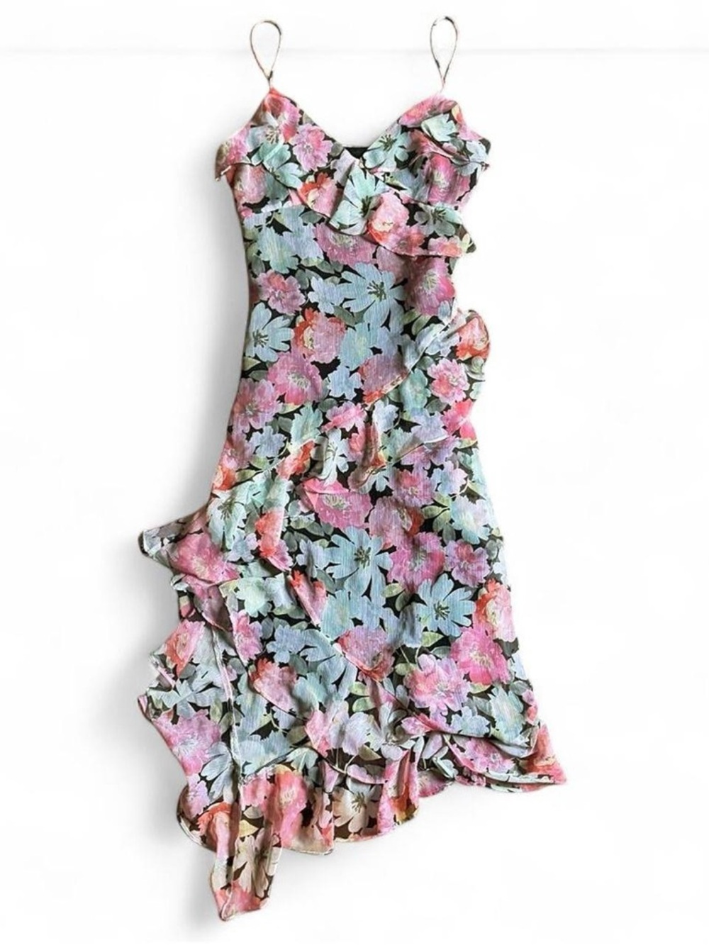 Zara multicoloured floral midi dress with ruffle asymmetrical details Size large